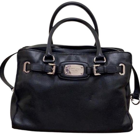 MICHAEL KORS BLACK Leather SILVER TOTE BAG Purse Hand Bag shoulder strap - Picture 1 of 6